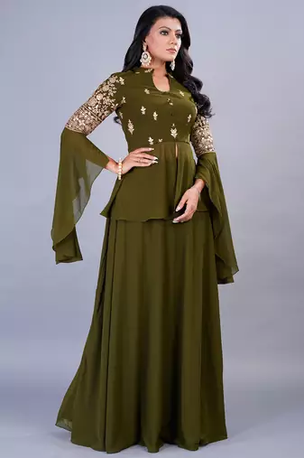 Ethnovog Ready To Wear Green Embroidered Georgette Skirt Set