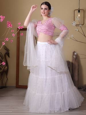 Ethnovog Ready To Wear Off White Embroidered Georgette N Net Lehenga Set 1