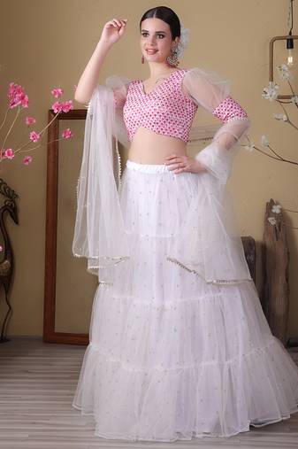 Ethnovog Ready To Wear Off White Embroidered Georgette N Net Lehenga Set
