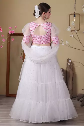 Ethnovog Ready To Wear Off White Embroidered Georgette N Net Lehenga Set