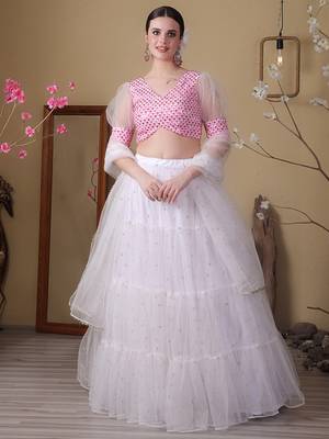 Ethnovog Ready To Wear Off White Embroidered Georgette N Net Lehenga Set 3