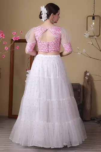 Ethnovog Ready To Wear Off White Embroidered Georgette N Net Lehenga Set