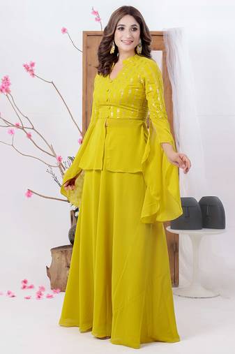 Ethnovog Ready To Wear Mustard Embroidered Georgette Skirt Set