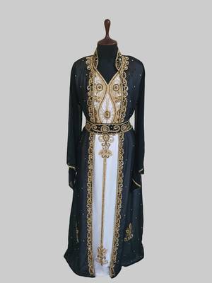 Black & White color Two Piece Jacket Style Moroccan Kaftan with hijjab 1