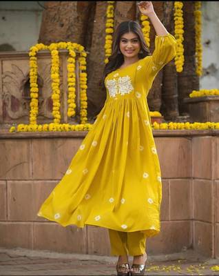 ISTOCAN YELLOW Embroidery Adda work RAYON KURTA PANT SET 1