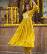 ISTOCAN YELLOW Embroidery Adda work RAYON KURTA PANT SET