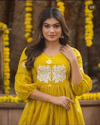 ISTOCAN YELLOW Embroidery Adda work RAYON KURTA PANT SET 2