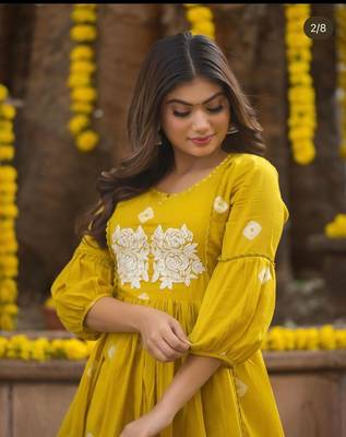 ISTOCAN YELLOW Embroidery Adda work RAYON KURTA PANT SET 3