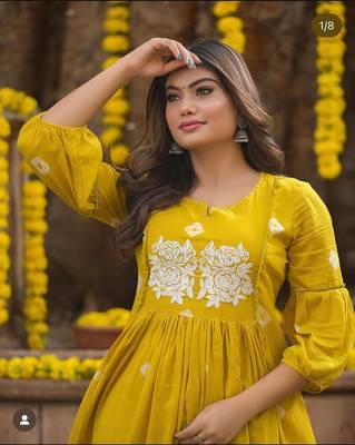 ISTOCAN YELLOW Embroidery Adda work RAYON KURTA PANT SET 4
