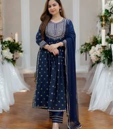 BANDHANI EMBROIDERY BLUE NAYRA CUT KURTA PANT DUPATTA SET