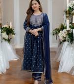 BANDHANI EMBROIDERY BLUE NAYRA CUT KURTA PANT DUPATTA SET