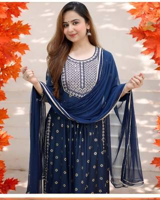 BANDHANI EMBROIDERY BLUE NAYRA CUT KURTA PANT DUPATTA SET 2