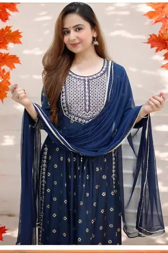 BANDHANI EMBROIDERY BLUE NAYRA CUT KURTA PANT DUPATTA SET