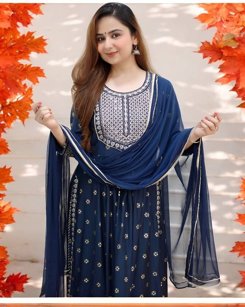 BANDHANI EMBROIDERY BLUE NAYRA CUT KURTA PANT DUPATTA SET