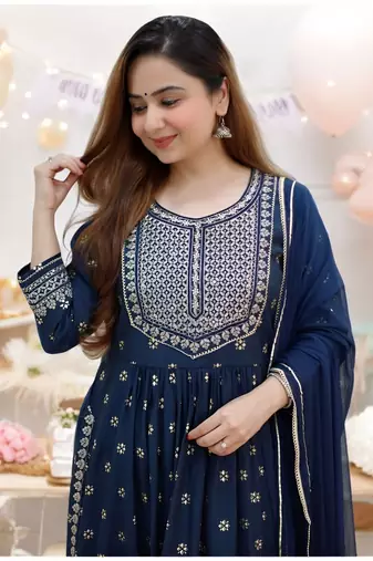 BANDHANI EMBROIDERY BLUE NAYRA CUT KURTA PANT DUPATTA SET