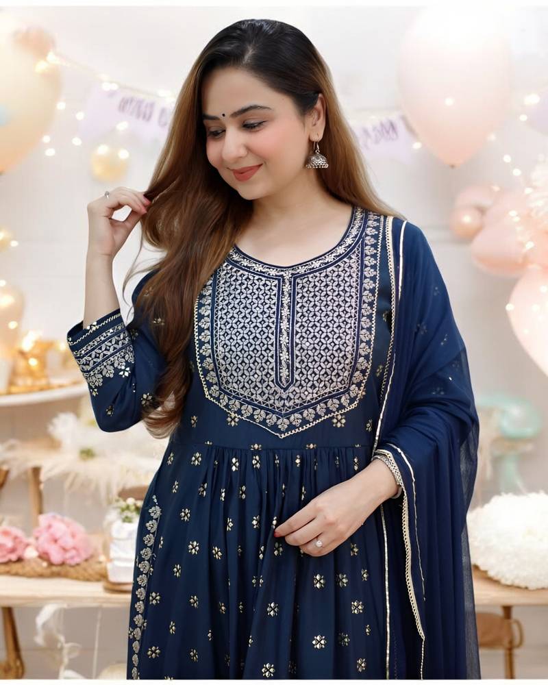 BANDHANI EMBROIDERY BLUE NAYRA CUT KURTA PANT DUPATTA SET