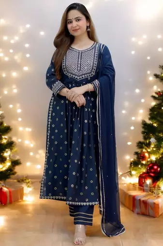 BANDHANI EMBROIDERY BLUE NAYRA CUT KURTA PANT DUPATTA SET