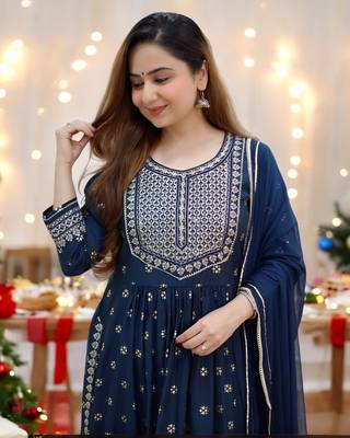 BANDHANI EMBROIDERY BLUE NAYRA CUT KURTA PANT DUPATTA SET 5