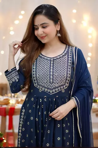 BANDHANI EMBROIDERY BLUE NAYRA CUT KURTA PANT DUPATTA SET