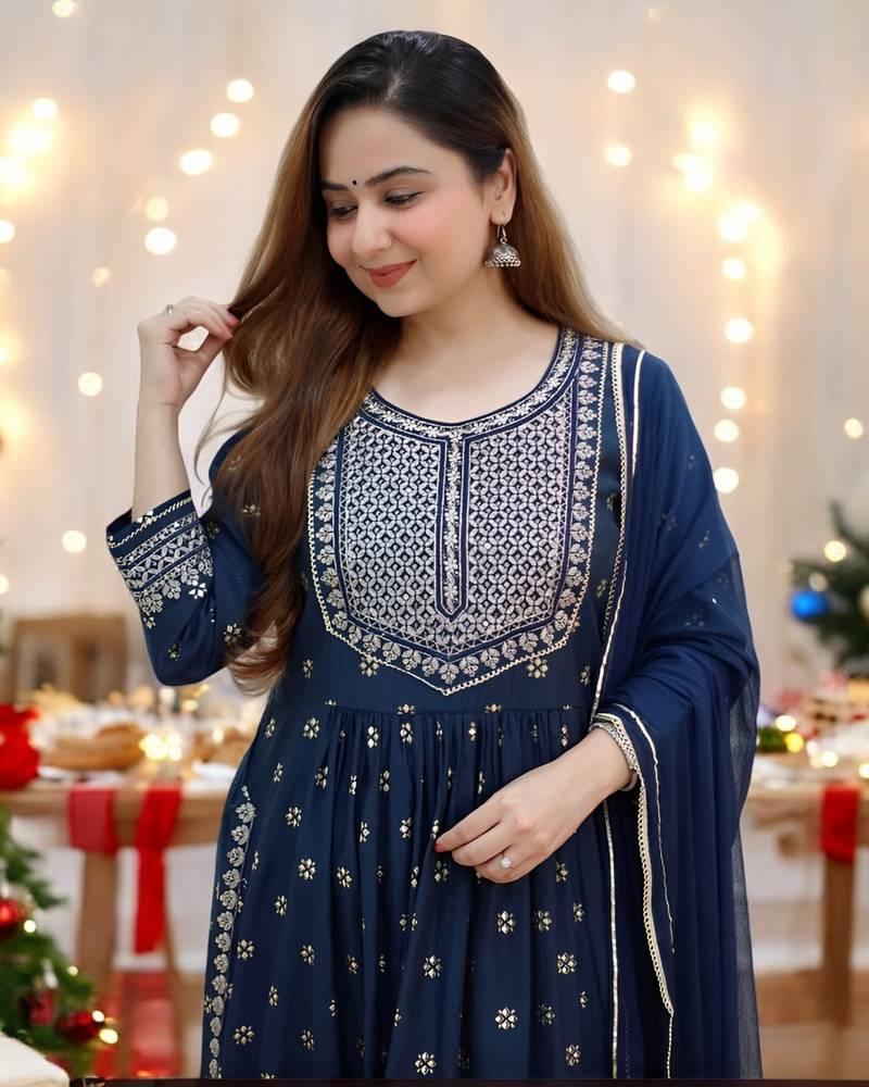 BANDHANI EMBROIDERY BLUE NAYRA CUT KURTA PANT DUPATTA SET