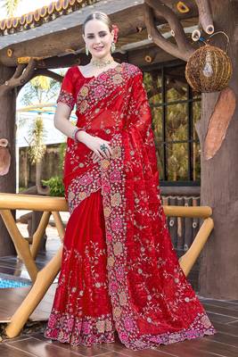 Heavy Resham Embroidered Border Siroski Stone Border Work Silk Saree In Red With Matching Blouse Piece 1