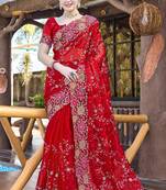 Heavy Resham Embroidered Border Siroski Stone Border Work Silk Saree In Red With Matching Blouse Piece