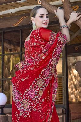 Heavy Resham Embroidered Border Siroski Stone Border Work Silk Saree In Red With Matching Blouse Piece 2