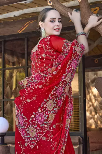 Heavy Resham Embroidered Border Siroski Stone Border Work Silk Saree In Red With Matching Blouse Piece