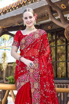 Heavy Resham Embroidered Border Siroski Stone Border Work Silk Saree In Red With Matching Blouse Piece 3