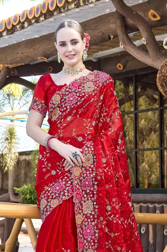 Heavy Resham Embroidered Border Siroski Stone Border Work Silk Saree In Red With Matching Blouse Piece