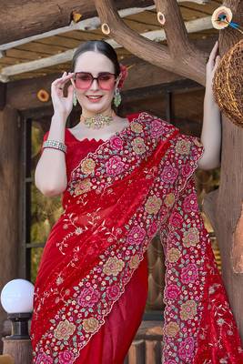 Heavy Resham Embroidered Border Siroski Stone Border Work Silk Saree In Red With Matching Blouse Piece 4