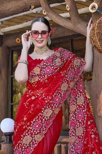 Heavy Resham Embroidered Border Siroski Stone Border Work Silk Saree In Red With Matching Blouse Piece