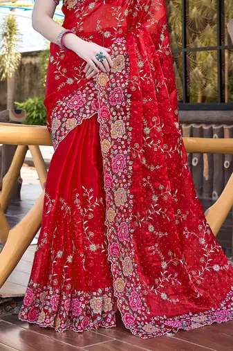 Heavy Resham Embroidered Border Siroski Stone Border Work Silk Saree In Red With Matching Blouse Piece