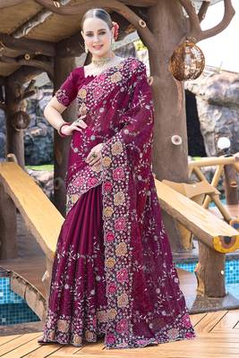 Heavy Resham Embroidered Border Siroski Stone Border Work Silk Saree In Wine With Matching Blouse Piece 1