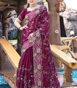 Heavy Resham Embroidered Border Siroski Stone Border Work Silk Saree In Wine With Matching Blouse Piece