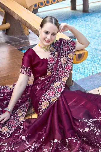 Heavy Resham Embroidered Border Siroski Stone Border Work Silk Saree In Wine With Matching Blouse Piece