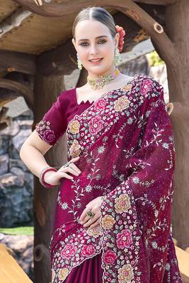 Heavy Resham Embroidered Border Siroski Stone Border Work Silk Saree In Wine With Matching Blouse Piece 3