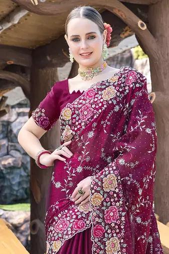 Heavy Resham Embroidered Border Siroski Stone Border Work Silk Saree In Wine With Matching Blouse Piece