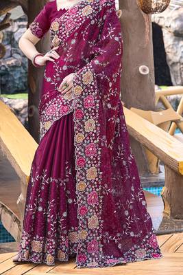 Heavy Resham Embroidered Border Siroski Stone Border Work Silk Saree In Wine With Matching Blouse Piece 4