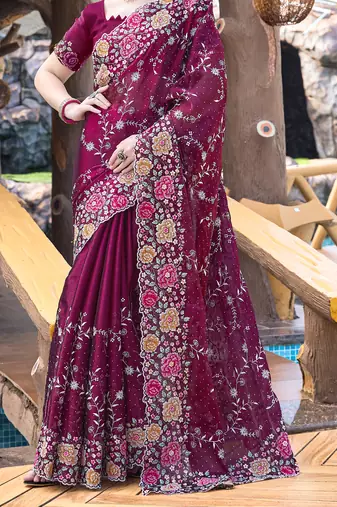Heavy Resham Embroidered Border Siroski Stone Border Work Silk Saree In Wine With Matching Blouse Piece