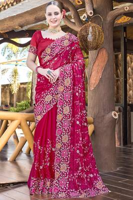Siroski Resham Stone Embroidered Border Silk Saree In Magenta With Matching Blouse Piece 1