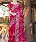 Siroski Resham Stone Embroidered Border Silk Saree In Magenta With Matching Blouse Piece
