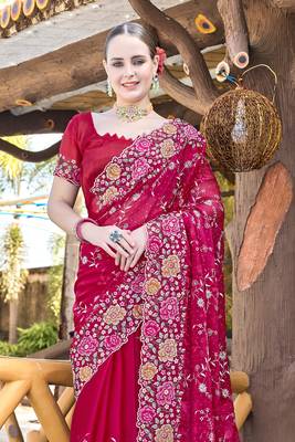 Siroski Resham Stone Embroidered Border Silk Saree In Magenta With Matching Blouse Piece 3