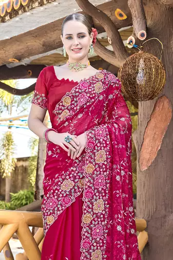 Siroski Resham Stone Embroidered Border Silk Saree In Magenta With Matching Blouse Piece