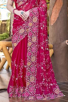 Siroski Resham Stone Embroidered Border Silk Saree In Magenta With Matching Blouse Piece 4