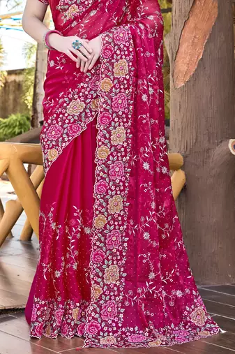 Siroski Resham Stone Embroidered Border Silk Saree In Magenta With Matching Blouse Piece
