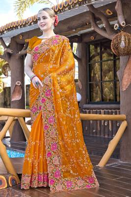 Siroski Resham Stone Embroidered Border Silk Saree In Mustard With Matching Blouse Piece 1
