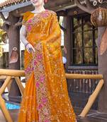 Siroski Resham Stone Embroidered Border Silk Saree In Mustard With Matching Blouse Piece