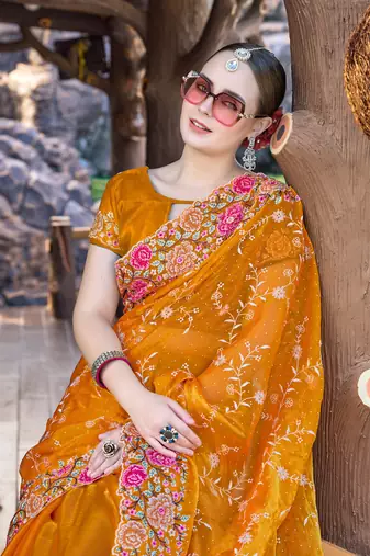 Siroski Resham Stone Embroidered Border Silk Saree In Mustard With Matching Blouse Piece