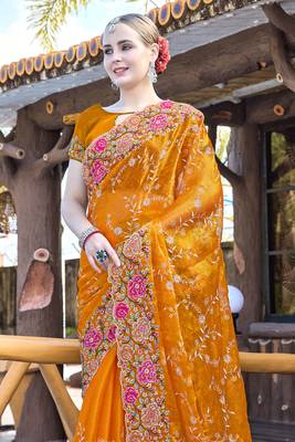 Siroski Resham Stone Embroidered Border Silk Saree In Mustard With Matching Blouse Piece 3